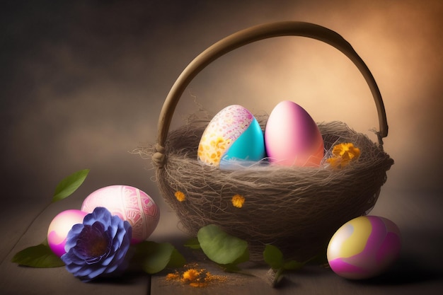 Easter eggs in a basket with flowers on a wooden table