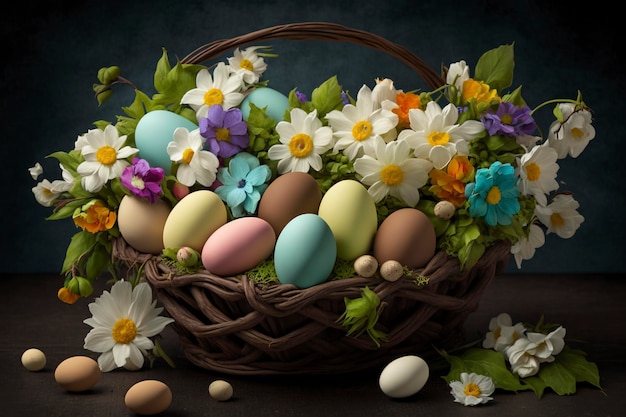 Easter eggs in a basket with flowers