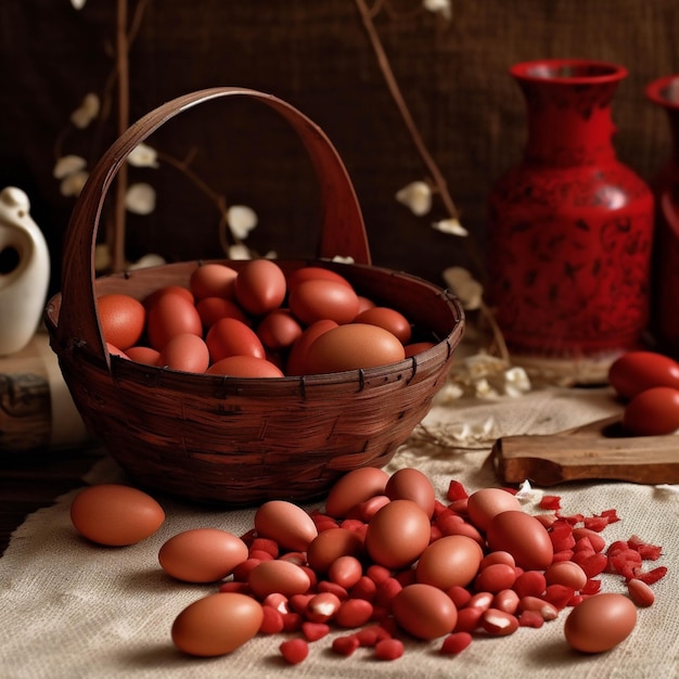 Easter eggs in a basket on a wooden table with red napkin