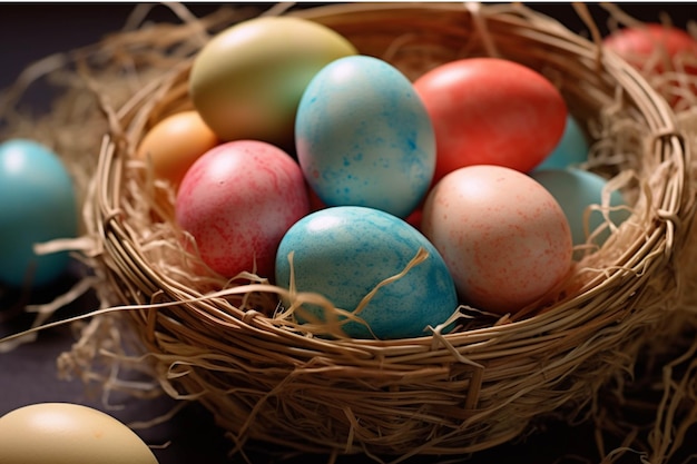 Easter eggs in a basket on a wooden table with red napkin