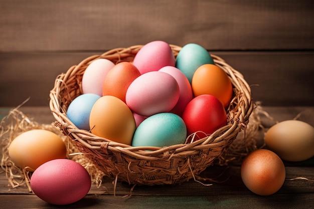 Easter eggs in a basket on a wooden table with red napkin