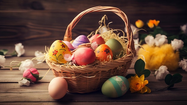 Easter eggs in a basket on a wooden table