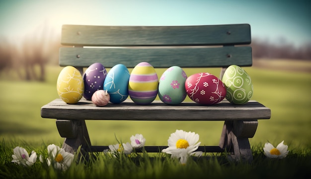 Easter eggs on a bench in a field of flowers