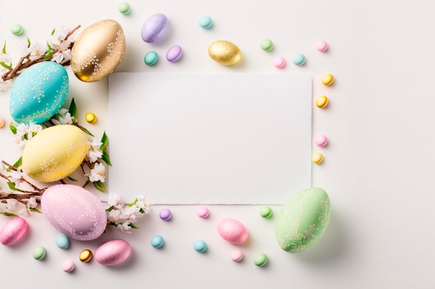 Easter eggs and a blank card with flowers