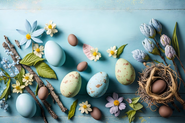 Easter eggs on a blue background with flowers and a nest