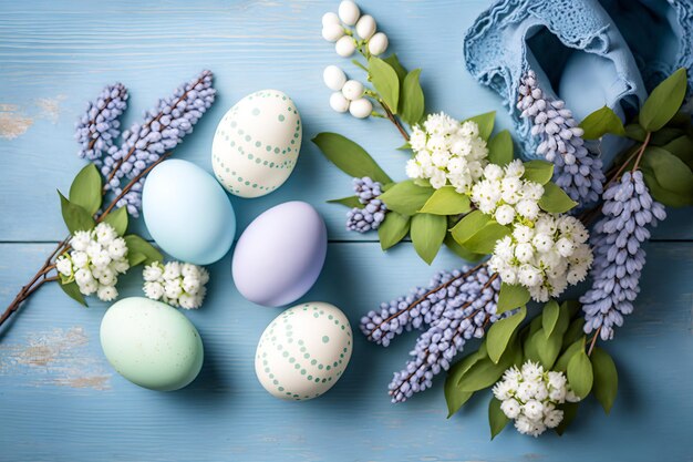 Easter eggs on a blue table with flowers and a branch of lilac.