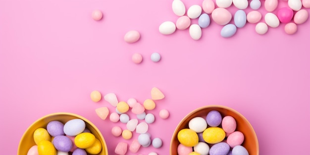 Easter eggs in a bowl on a pink background