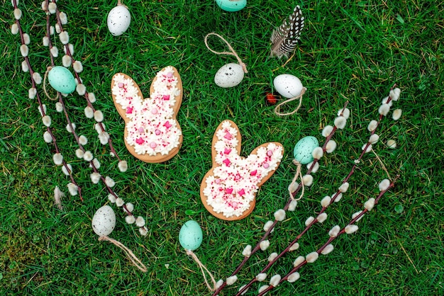 Photo easter eggs and bunny cookies on the grass