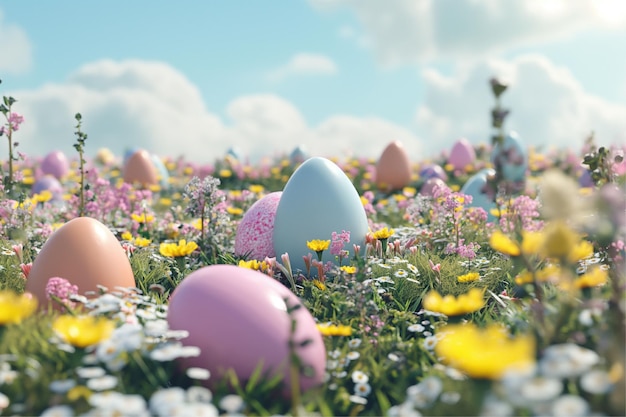 Easter eggs and bunny in flowers field