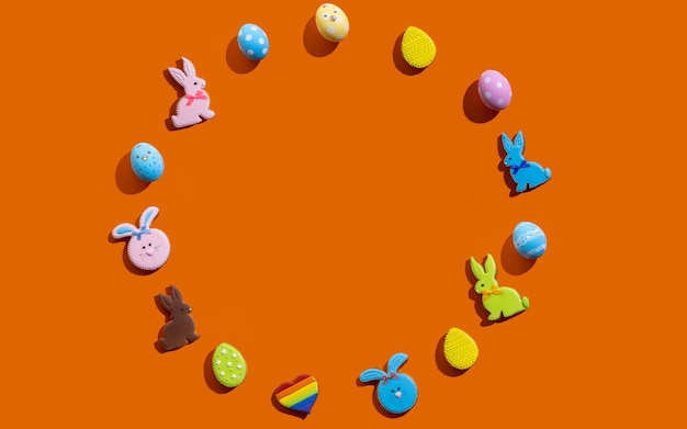 Easter eggs and bunny on an orange background