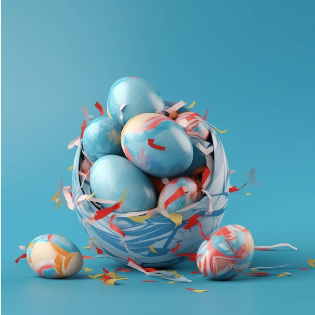 Easter eggs and confetti on blue background 3d illustration