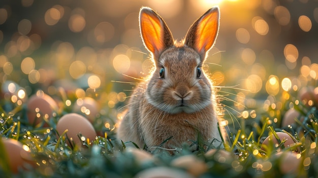 Easter eggs and cute bunny in green grass