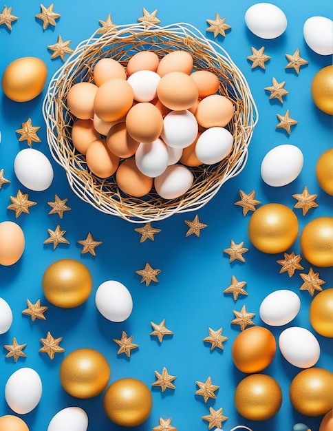 easter eggs and egg on blue background