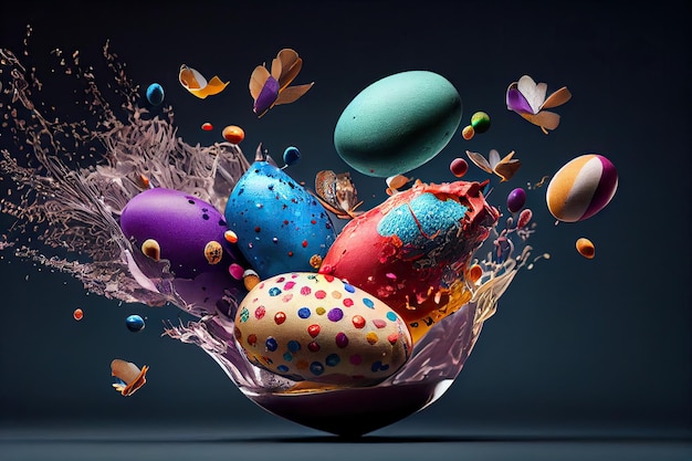 Easter eggs exploding out of a bowl of water