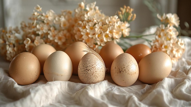 Easter eggs and feathers on beige tablecloth simple composition white background