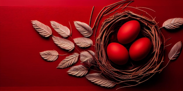 Easter eggs feathers in a nest on a red wooden background Banner or Poster The minimal concept