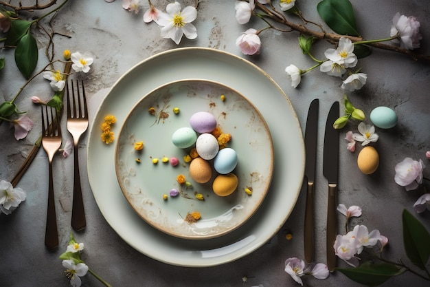 Easter eggs feathers in a nest on rustic background