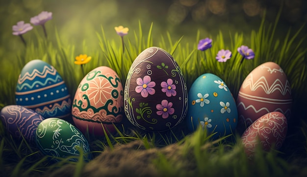 Easter eggs in a field with flowers and a green background