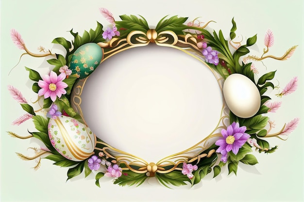 Easter eggs and florals Decorative frame border with a black space greeting card Generative AI