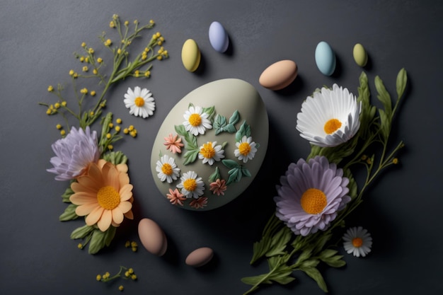 Easter eggs and flower on dark background top view Generative AI