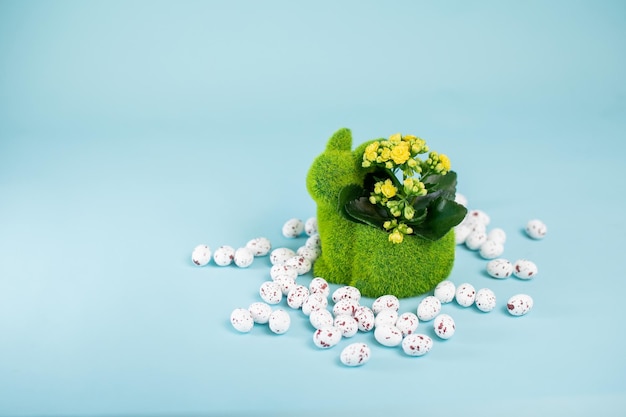 Easter eggs flowers and bunnies on blue background