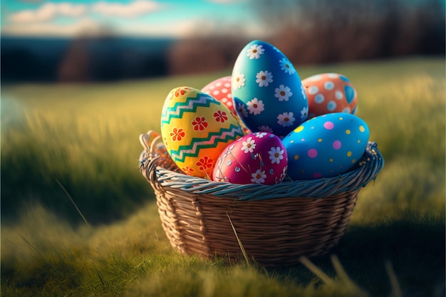 Easter eggs on fresh green grass over blue sky