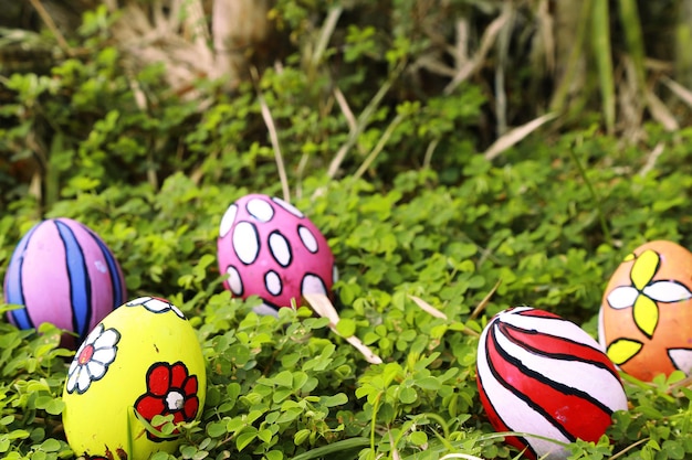 Easter eggs in the garden on a sunny day Easter decoration