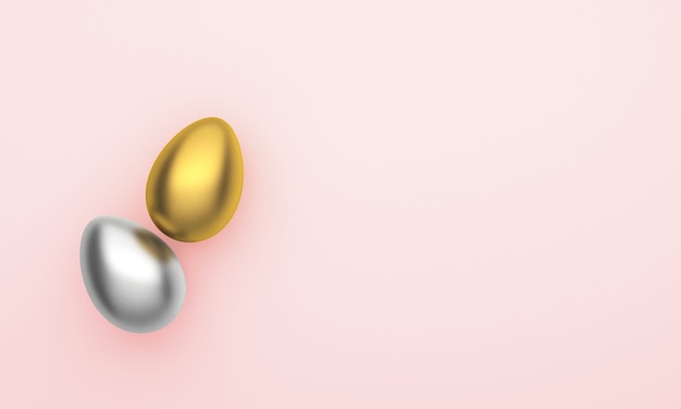 Easter eggs of gold and silver colors with on a pink background.