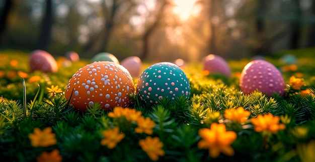 Easter eggs in the grass holy holiday of Easter AI generated image