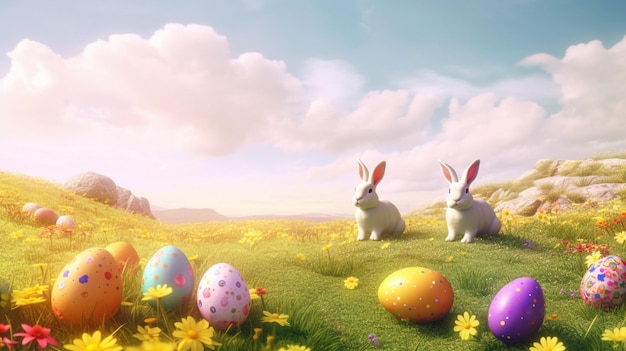 Easter eggs on the grass near the hare Easter background generative ai