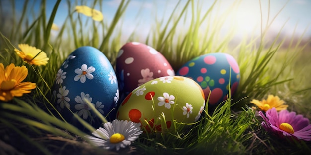 Easter eggs in the grass with a blue sky in the background