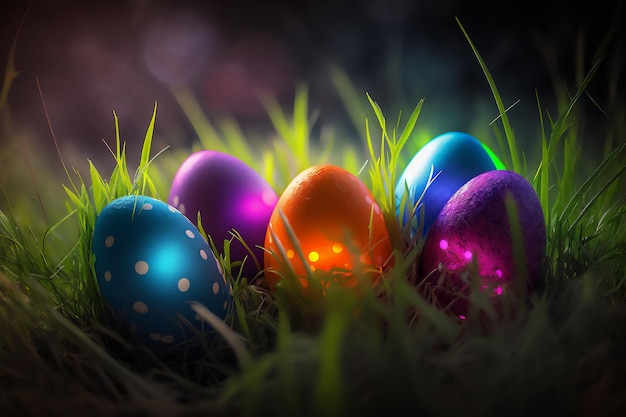 Easter eggs in the grass with bokeh background Generated by AI