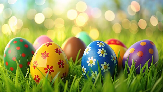 easter eggs in the grass with a colorful background