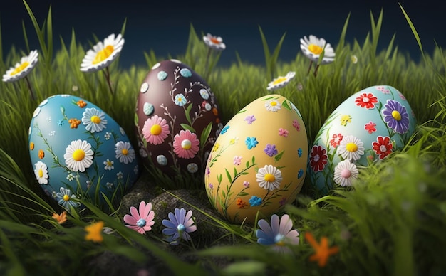 Easter eggs in the grass with flowers on the bottom