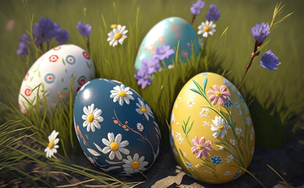 Easter eggs in the grass with flowers on the bottom