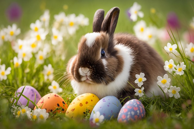 Easter eggs in the grass with a rabbit