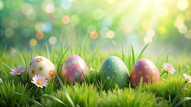 easter eggs in the grass with the sun shining through the background