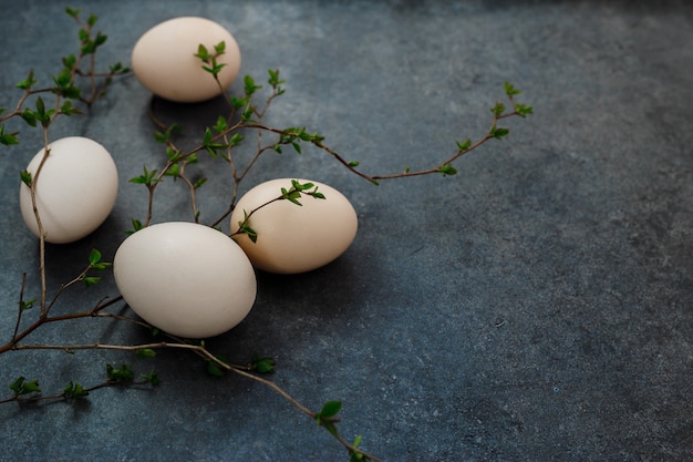 Easter eggs on gray background. sprig of greenery. Place for inscription. top view