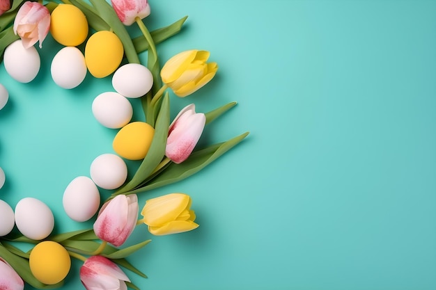 Easter eggs on a green background with pink tulips and yellow tulips.