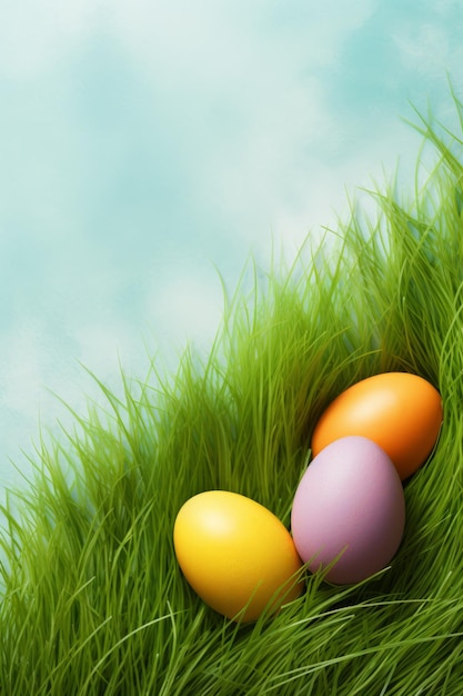 Easter eggs on green grass over blue sky background copy space