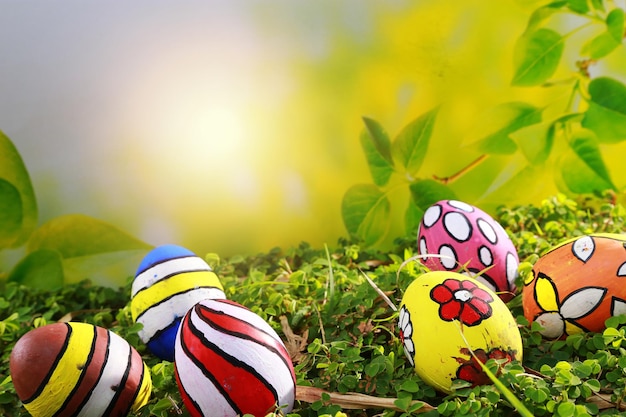 Easter eggs on green grass with bokeh background Happy Easter concept