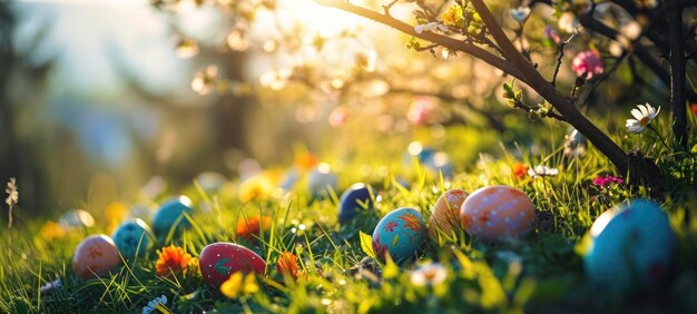 Easter eggs hidden in sunlit forest underbrush