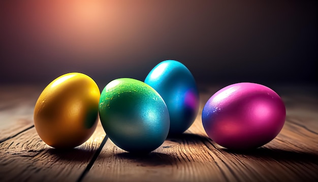 Easter eggs laying on wooden floor blurred background realistic