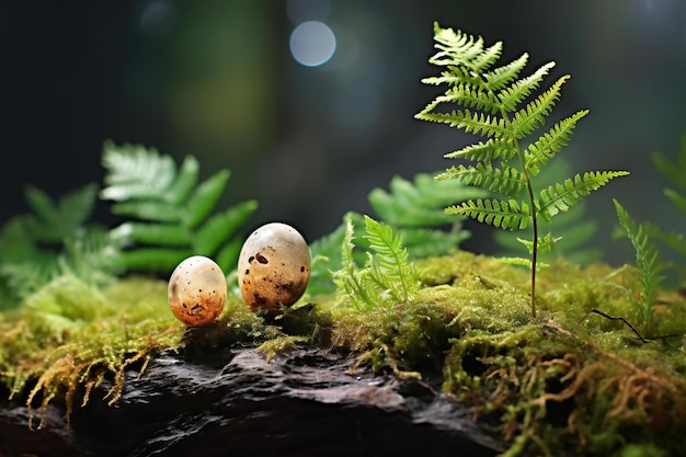 Easter eggs on a mossy tree trunk with ferns