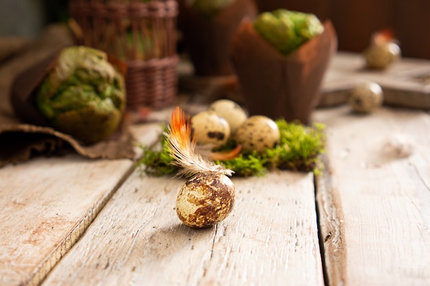 Easter eggs and muffins with pistachio in a traditional rustic design. Green plants and feathers