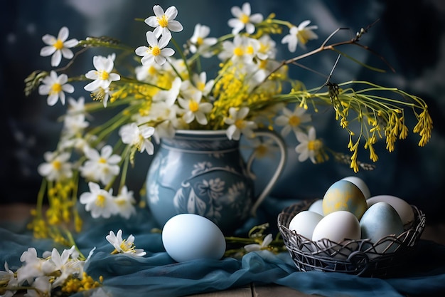 Easter eggs near chamomiles and pussy willow