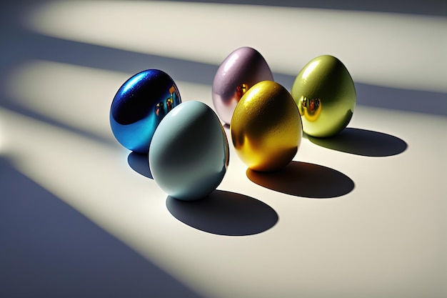 Easter eggs in neon colors on white background AI