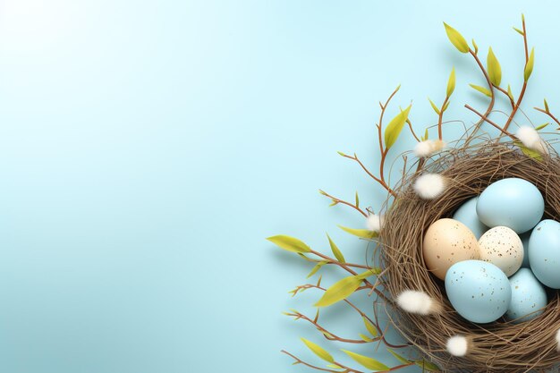 Easter eggs in a nest on a blue background