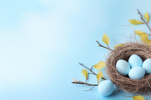 Easter eggs in a nest on a blue background