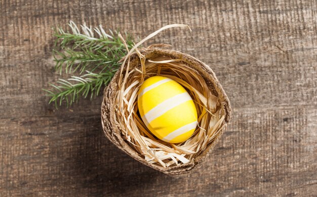 Easter eggs in nest on color wooden background